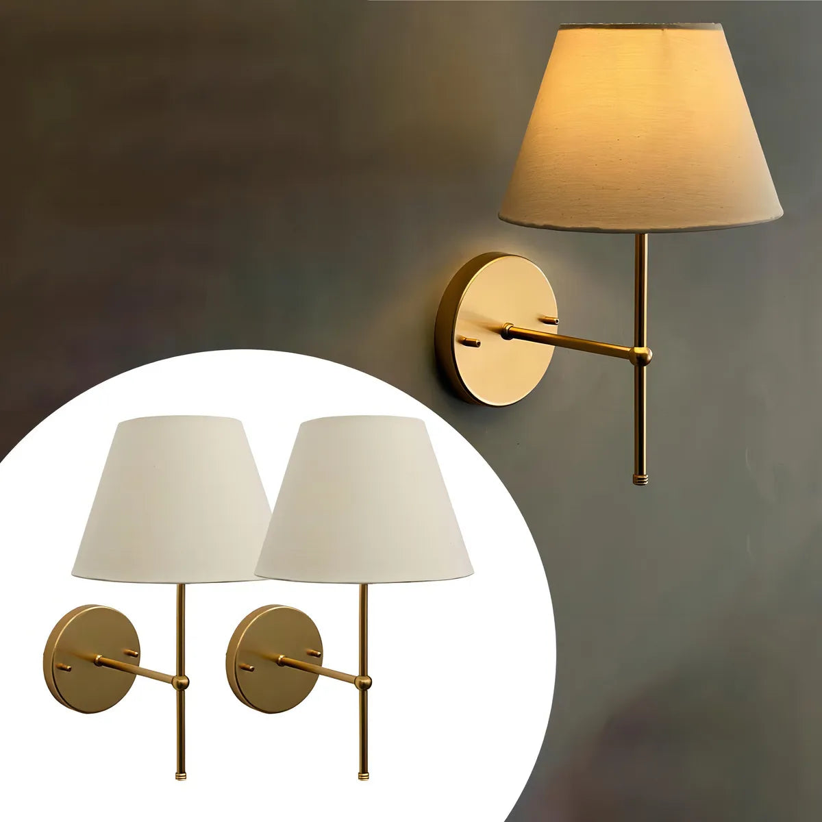 Kit of 2 Gold Wall Lamps with Switch and Sconces